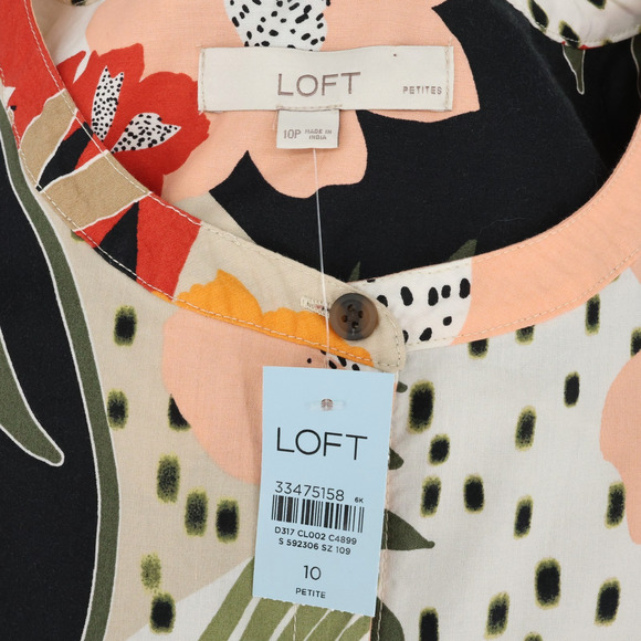 Loft Dress Petites 10P Beige Red Black Floral Cotton Blend Button Up Pockets - Picture 6 of 16